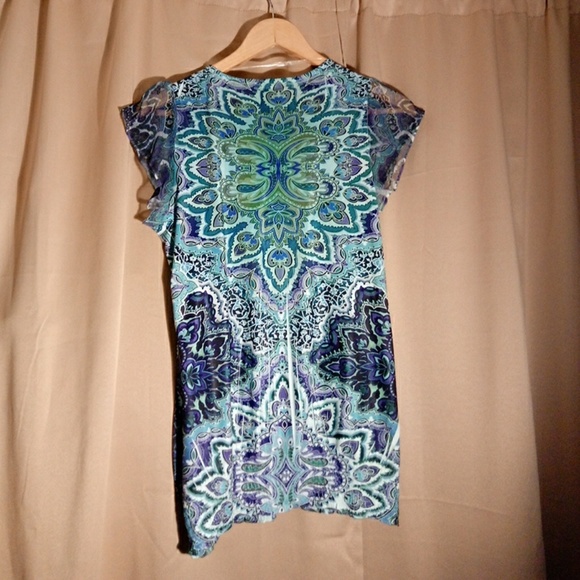 Patterned Cap Sleeve Shirt, teal,turquoise, purple - Picture 3 of 4